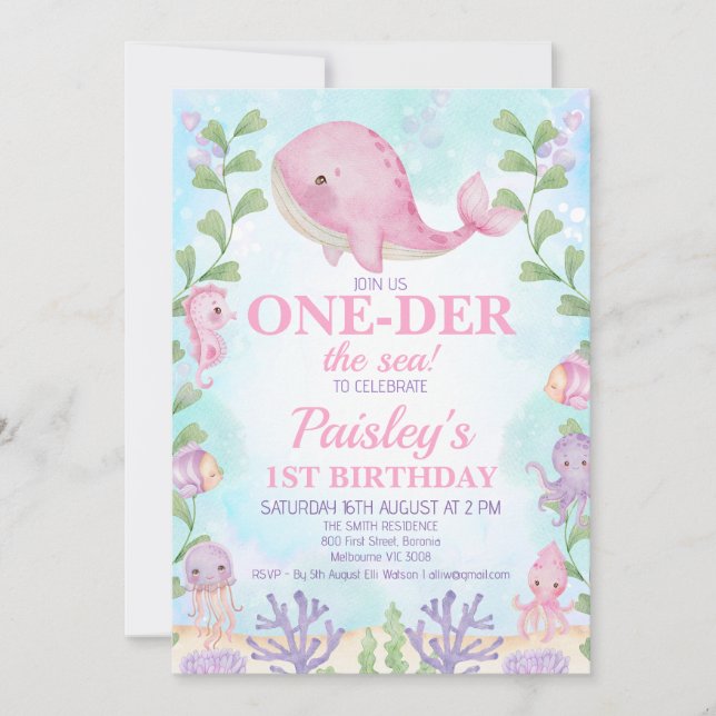 Invitation Baleine rose sous la mer Filles 1er anniversaire (Devant)