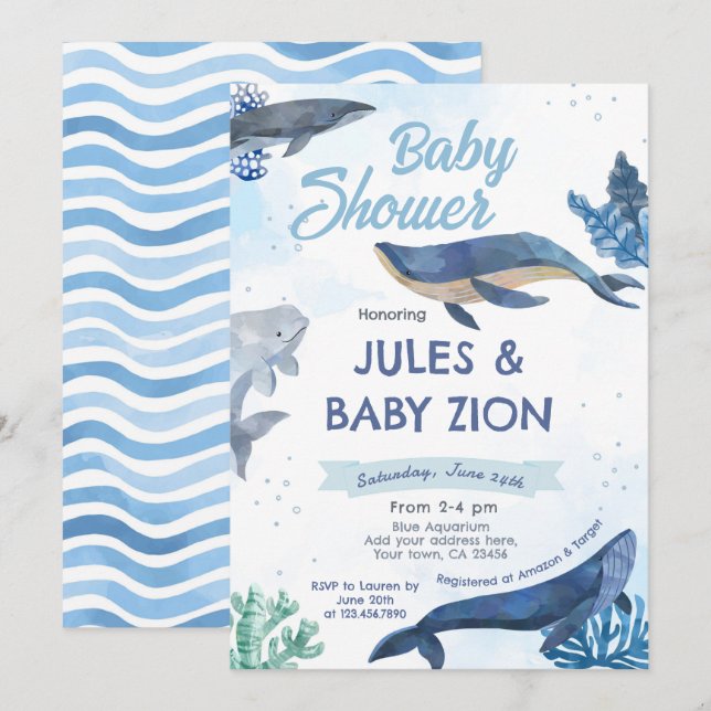 Invitation Baleine - Sous l'invitation du Baby shower marin (Devant / Derrière)