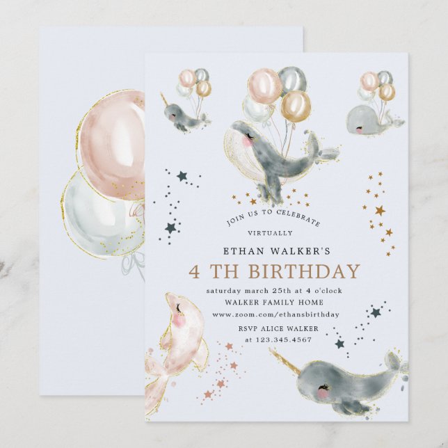 Invitation baleines magiques et étoiles fête d'anniversaire v (Devant / Derrière)