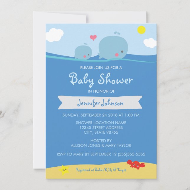 Invitation Baleines sous le Baby shower marin / Saupoudrer l' (Devant)