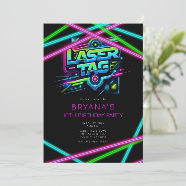 Invitation Balise laser rose vert bleu fête d'anniversaire (Debout devant)