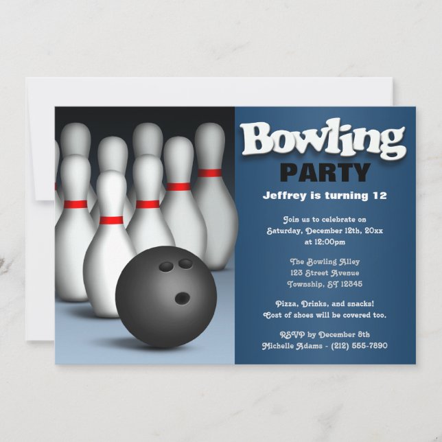 Invitation Ball & Pins Blue Bowling Anniversaire Fête Invitat (Devant)