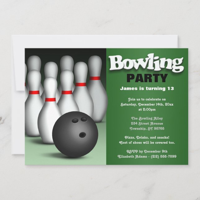 Invitation Ball & Pins Green Bowling fête d'anniversaire (Devant)