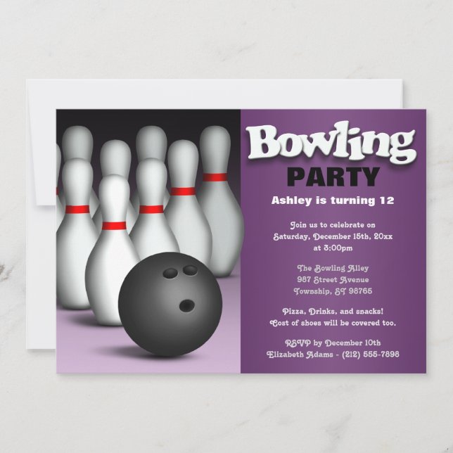 Invitation Ball & Pins Purple Bowling Anniversaire (Devant)