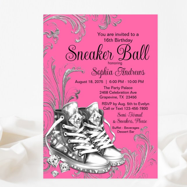 Invitation Balle de basket à semelles en diamant argenté rose (You can change all of the text, fonts, wording and background color.)