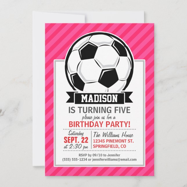 Invitation Balle de football sur Neon Pink Stripes (Devant)