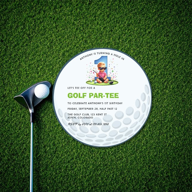 Invitation Balle de golf ronde "Trou en un" 1er anniversaire (Round Golf Ball "Hole in One" 1st Birthday Invitation)