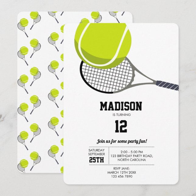 Invitation Balle de Tennis & Raquette Raquette Anniversaire (Devant / Derrière)