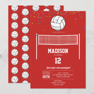 Invitation Balle de Volleyball & Filet Rouge Fête d'anniversa