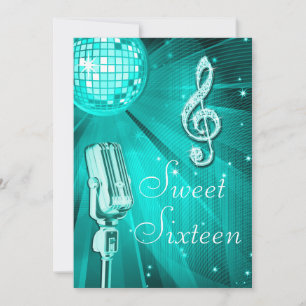 Invitation Balle Disco turquoise et micro rétro Sweet 16