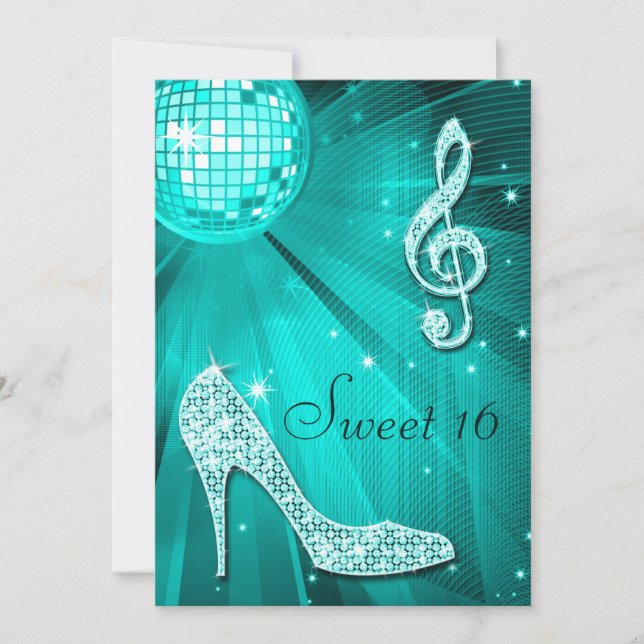 Invitation Balle Disco turquoise et talons étincelants doux 1 (Devant)
