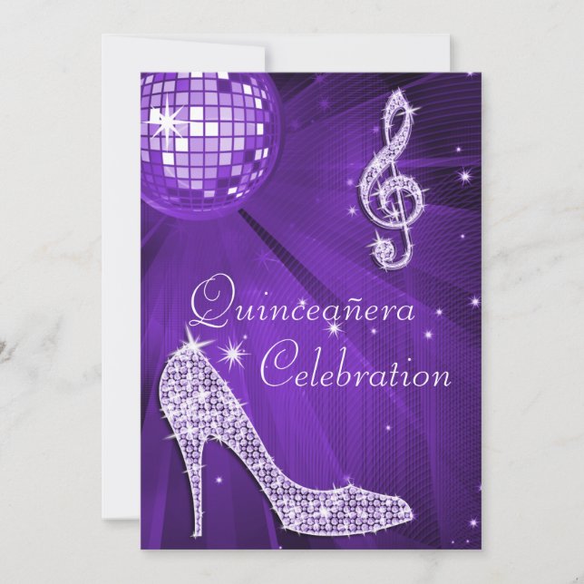 Invitation Balle en disco violet talons étincelants Quinceañe (Devant)