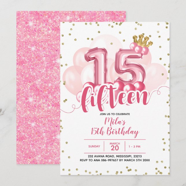 Invitation Balle rose de la Couronne Quinze Anniversaire Invi (Devant / Derrière)