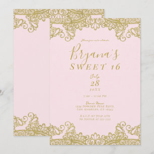 Invitation Ballerin rose et dentelle dorée pailletée fête Swe