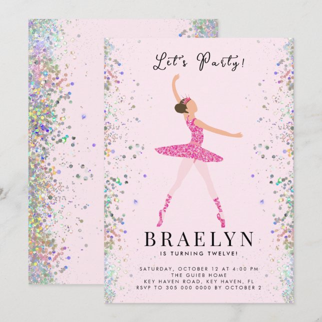 Invitation Ballerina Anniversaire Fête Parties scintillant ro (Devant / Derrière)