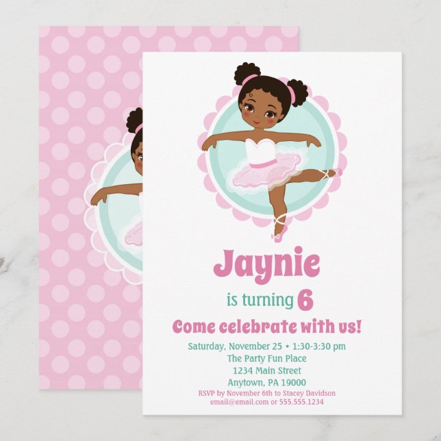 Invitation Ballerina Ballet Africain Américain Danse Annivers (Devant / Derrière)