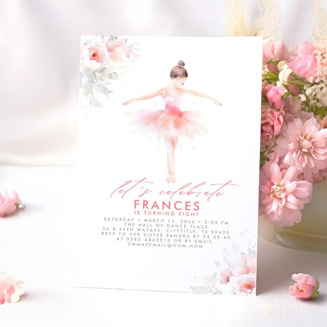 Invitation Ballerina Ballet Floral rose fête d'anniversaire (Ballerina in Pink Dress Birthday Invitations)