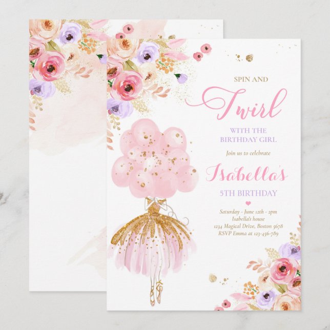 Invitation Ballerina Birthday Pink & Gold Florina (Devant / Derrière)