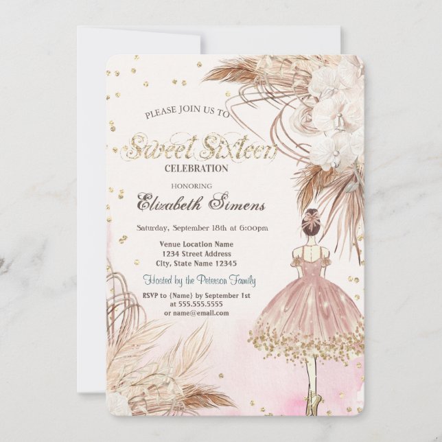 Invitation Ballerina Boho Fleurs Rose Gold Sweet 16 (Devant)