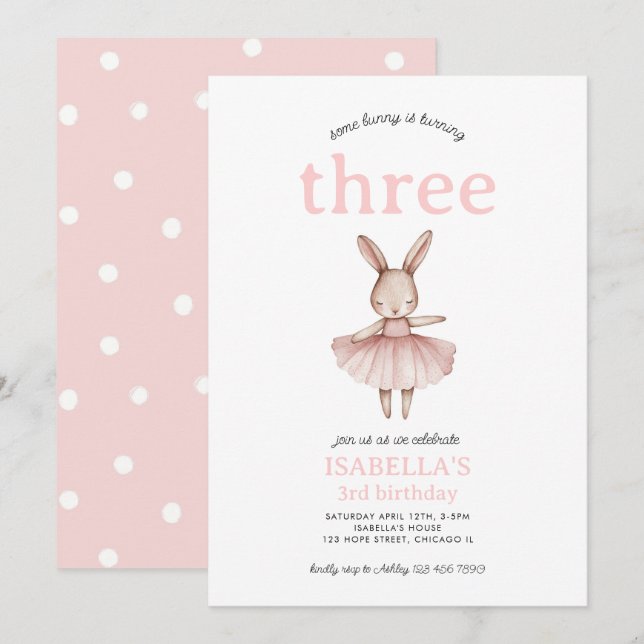 Invitation Ballerina Bunny rose lapin mignonne fille 3e anniv (Devant / Derrière)