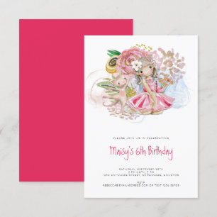 Invitation Ballerina Chat Florals Fille rose 6e fête d'annive