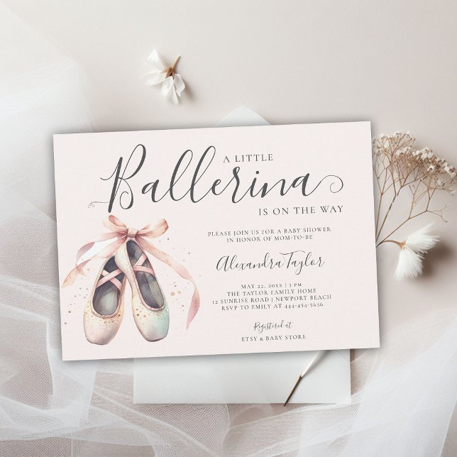 Invitation Ballerina Chaussures Rubans Pink Gold Baby Girl Do (little ballerina baby girl shower invitation pink blush gold bow ballet shoes watercolor cute girly)