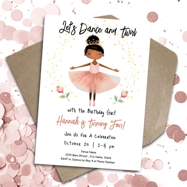 Invitation Ballerina Dance Twirl 4e anniversaire fille rose (Créateur téléchargé)