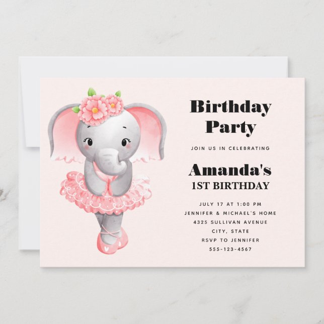 Invitation Ballerina Eléphant Cute Rose & Grey Anniversaire (Devant)