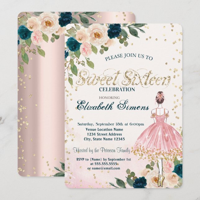 Invitation Ballerina Fleurs Diamants Rose Gold Sweet 16 (Devant / Derrière)