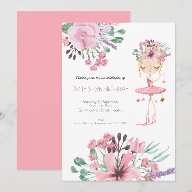 Invitation Ballerina Florals Foliage Girls 6e fête d'annivers (Devant / Derrière)