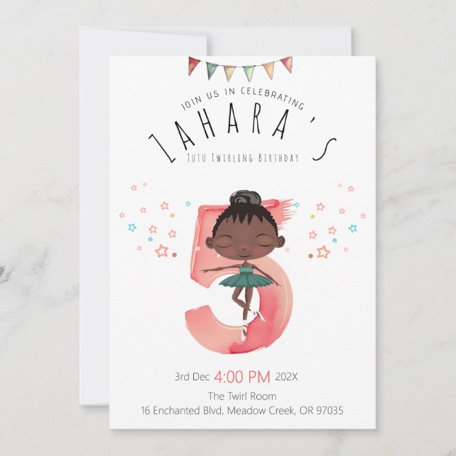 Invitation Ballerina noire rayonnante 5e anniversaire (Devant)