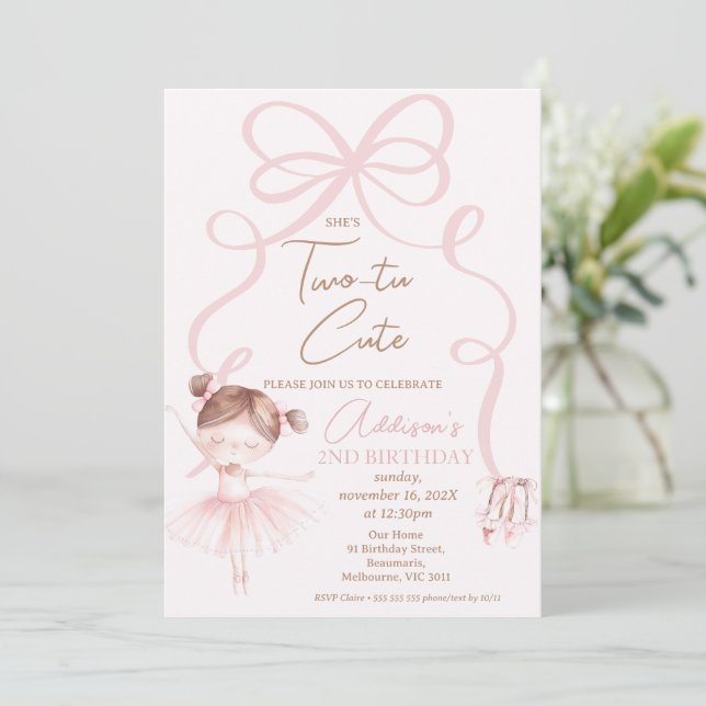 Invitation Ballerina Pink Two Tu Cute 2e anniversaire (Debout devant)