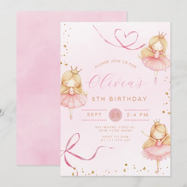 Invitation Ballerina rose mignonne Princesse Fille Anniversai (Devant / Derrière)