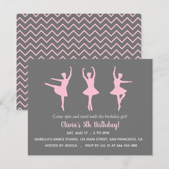Invitation Ballerina Silhouette Filles Anniversaire (Devant / Derrière)