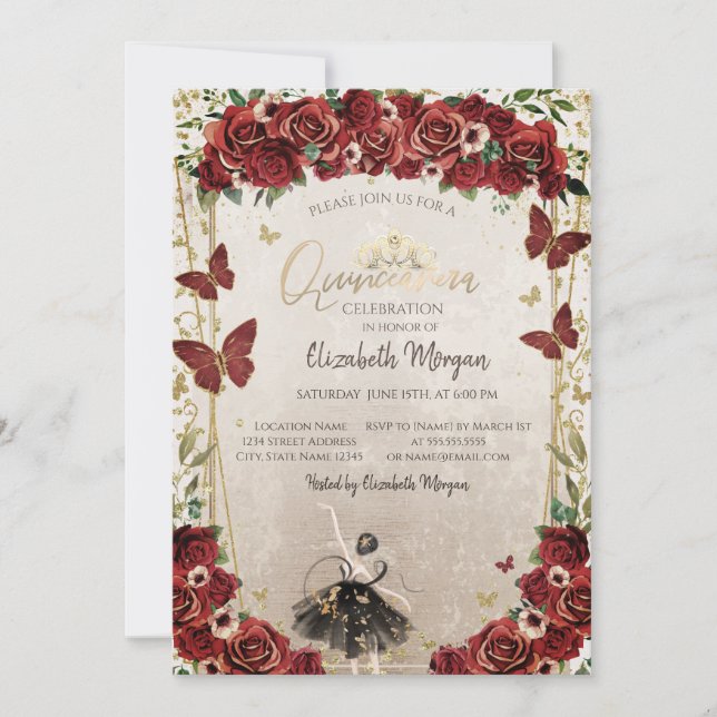 Invitation Ballerina,Tiara,Red Flowers  Quinceañera  (Devant)