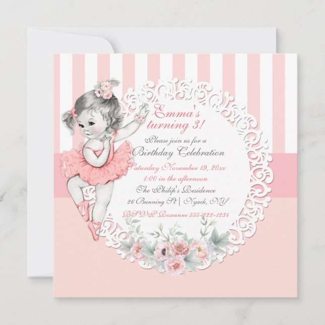Invitation Ballerina Tutu Ballet Rose Blancs Dentelle (Devant)