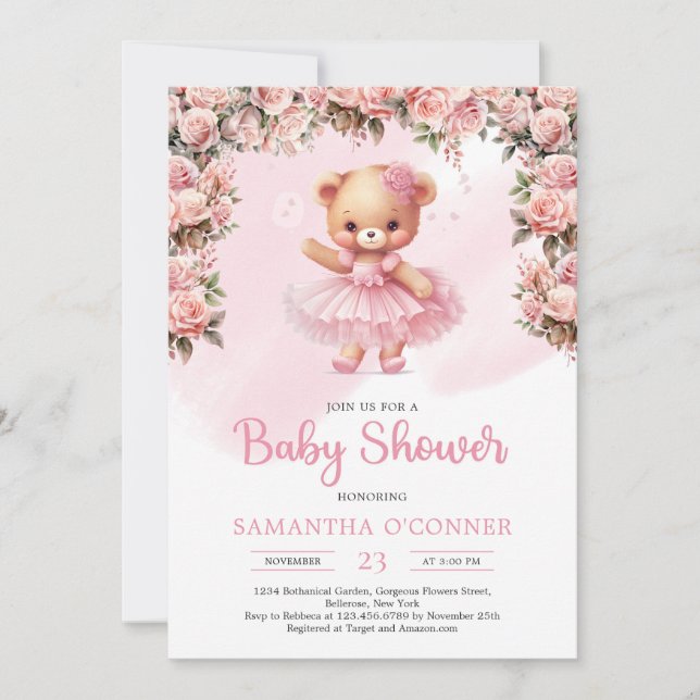 Invitation Ballerina tutu rose fille ours en peluche rousse r (Devant)
