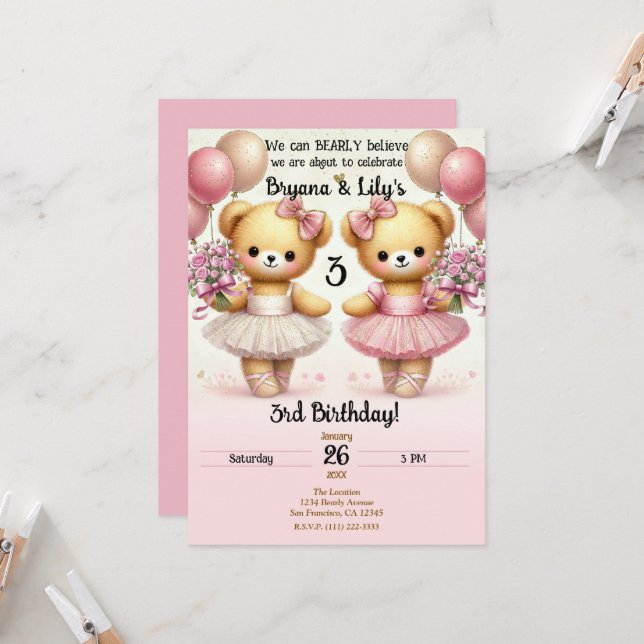 Invitation Ballerina Twinkle Toile Twin Bears Anniversaire (Devant/Arrière en situation)