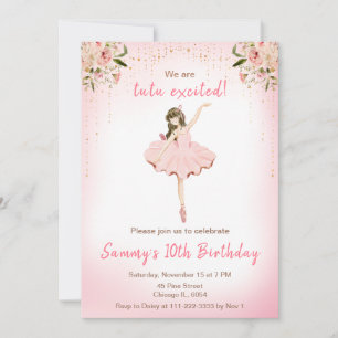 Invitation Ballerine Anniversaire Cheveux Bruns Floraux