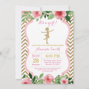 Invitation Ballerine Baby Shower Fuschsa et Paillettes Dorées