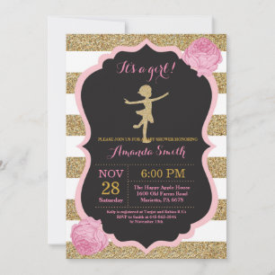 Invitation Ballerine Baby Shower Rose et Paillettes Dorées