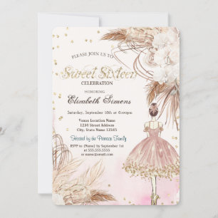 Invitation Ballerine Boho Fleurs Rose Or Sweet 16 