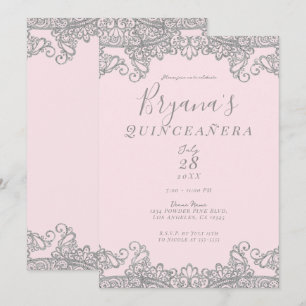 Invitation Ballerine Rose Argent Pailleté Dentelle Quinceañer