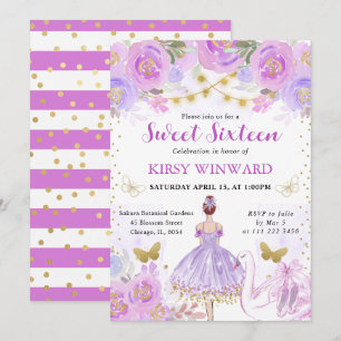 Invitation Ballerine Tutu Violet Cheveux Rouges Sweet 16