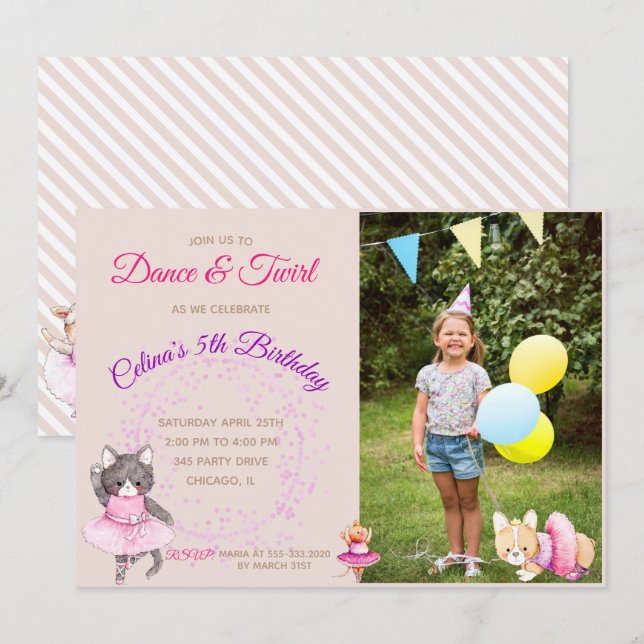 Invitation Ballet Animaux photo Fête d'anniversaire (Devant / Derrière)