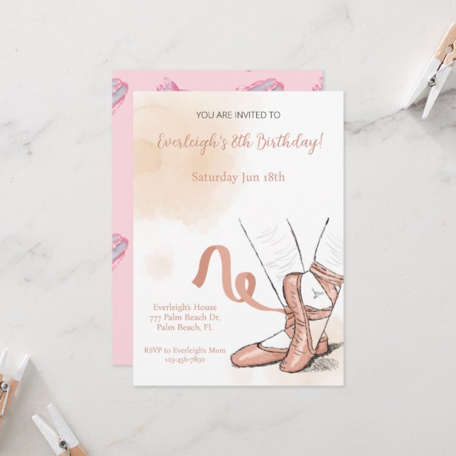 Invitation Ballet Ballerina Rose rose Anniversaire (Devant/Arrière en situation)