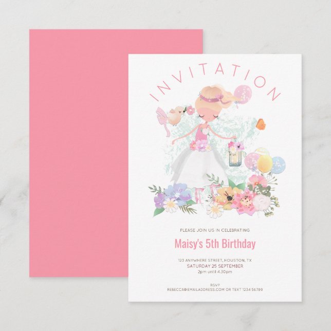 Invitation Ballet Danseuse Florals Rose Girl 5e anniversaire  (Devant / Derrière)