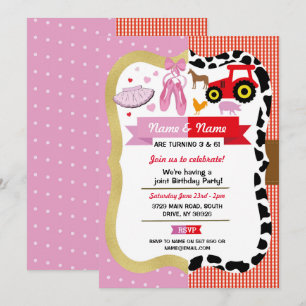 Invitation Ballet & Farm Joint Boy Girl Birthday Pink Horse