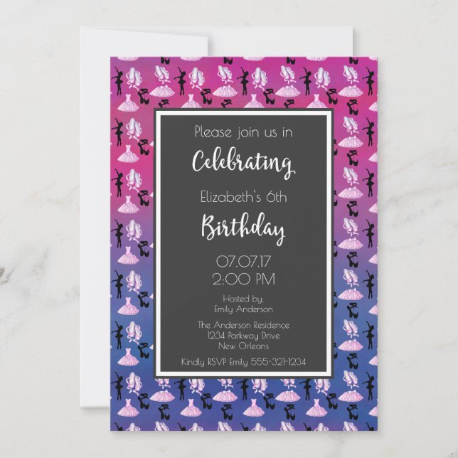 Invitation Ballet Motif sur rose et violet fête d'anniversair (Devant)