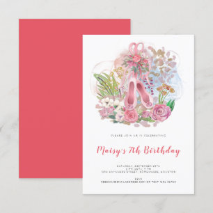 Invitation Ballet Pompes Florales Rose Girl 7e fête d'anniver